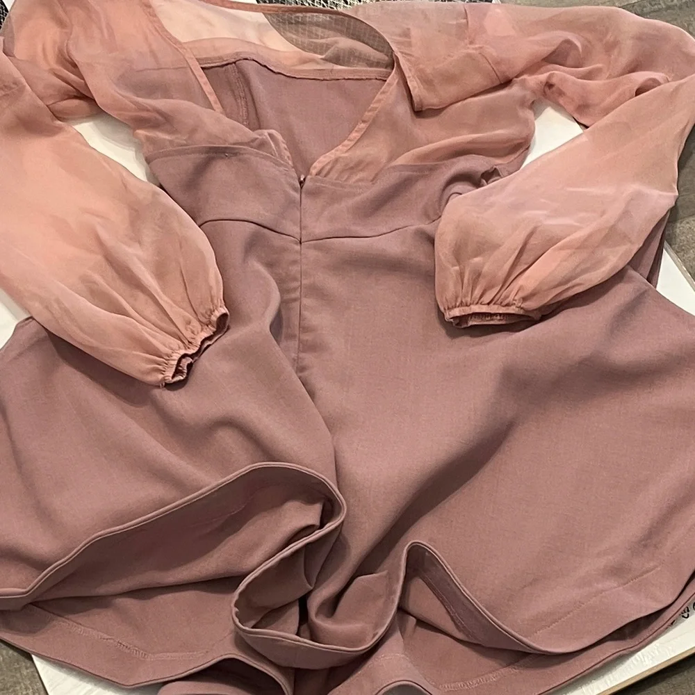 L'ATISTE Mauve Dress with Sheer Pink Sleeves - Picture 7 of 10
